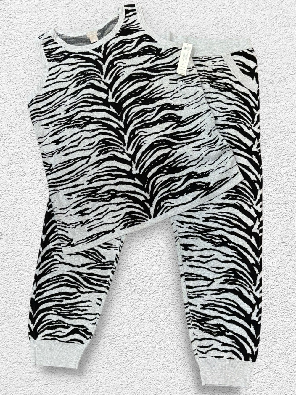 Chico's Zebra Print Knit Loungewear Set Cotton Cashmere Tank Top & Joggers L